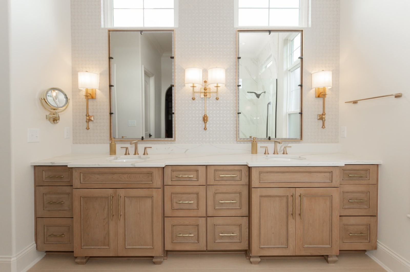 Bathroom with a fitted vanity and large-format wall tile